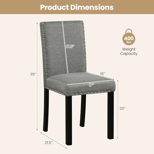 Giantex Dining Chairs Set of 2, Fabric Upholstered Parsons Kitchen Chair w/Nailhead Trim,Solid Rubber & Bent Wood Legs, Thick Padded Seat, Armless Side Chairs for Living Dining Room Restaurant, Grey