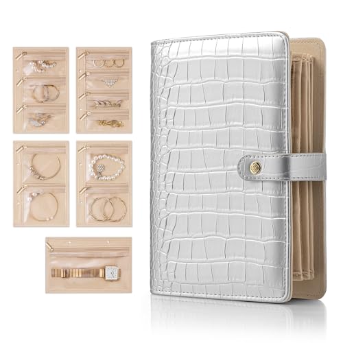 Vlando Organizador de livros de joias – Estojo de couro para viagem com 5 páginas destacáveis para colares, anéis, brincos, sem emaranhados, para presente, Croco Silver