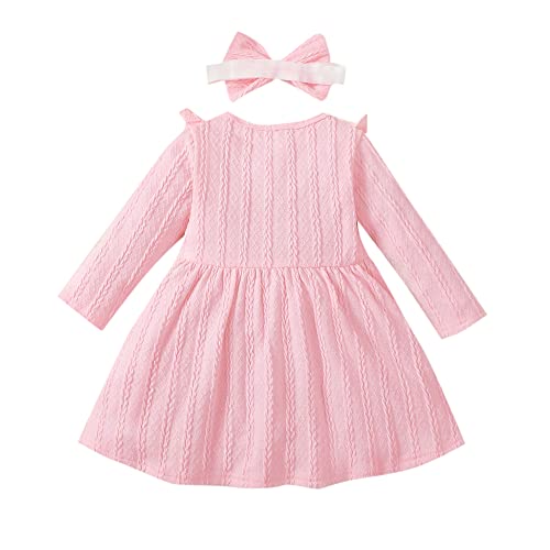 Image of Hopscotch Girls Polyester and Spandex Bow Applique Full-Sleeve Casual Dress with Headband in Pink Color
