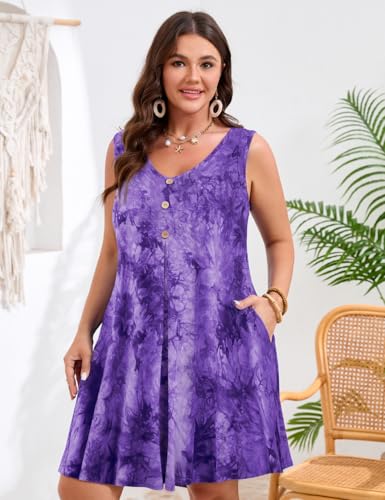 Image of JollieLovin Women Plus Size Summer Sundress Tank Sleeveless V Neck Beach Swing Dress Swimsuit Cover ups(L-5X)