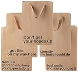 MilkToast Brands Funny Gift Bags, 11" x 8" x 4" Size, Set of 5 Colored Kraft Paper Bags with Sarcastic Phrases for White Elephant Gifts, Christmas, Birthdays, Office Parties