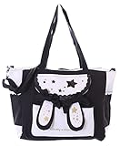  LB-7054-3 Stofftasche schwarz weiß Sterne niedlich Schleife Herz Hasenohren Shopper groß Doppel Griff Umänge Trage Damen Tasche
