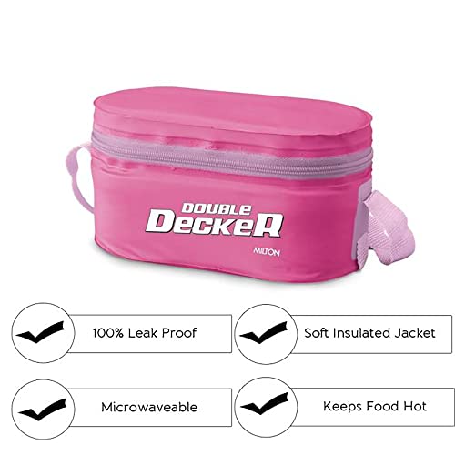 Image of MILTON Softline Double Decker Lunch Box, Set of 3, (450 ml, 280 ml, 280 ml), Pink | Leak Proof | Microwave Safe | Odour Proof | Light Weight | Easy to Carry | Food Grade
