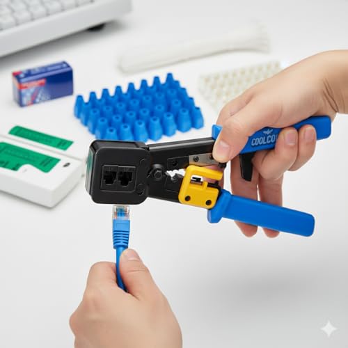 Image of COOLCOLD RJ45 Crimping Tool Kit for Cat5 /Cat5e /Cat6 | Pass-Through Ethernet Crimper with Wire Cutter, Cable Stripper, 10 RJ45 Connectors & Boots | Professional LAN Network Tool Set