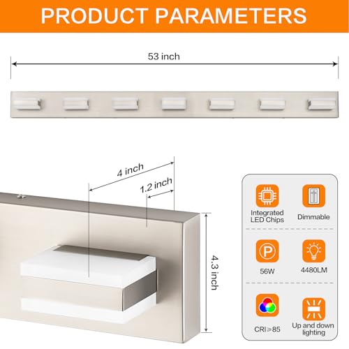 Image of SOLFART Bathroom Vanity Lighting Over Mirror,7 Lights Brushed Nickel Vanity Light, Modern LED Light Fixtures,53 Inch for Bathroom
