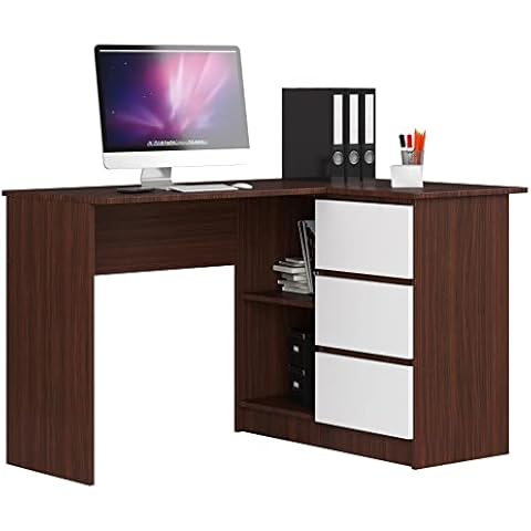 AKORD Eckschreibtisch mit Regal und 3 Schubladen| Schreibtisch | ecktisch | Eck Schreibtisch für Home Office | Einfache Montage | Weiss Rechts Wenge/Weiß Cover