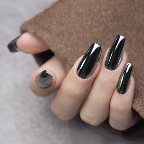 Casdre Mirror Coffin False Nails Black Long Ballerina Press On Nail Full Cover Fake Nails for Women and Girls(Pack of 24)