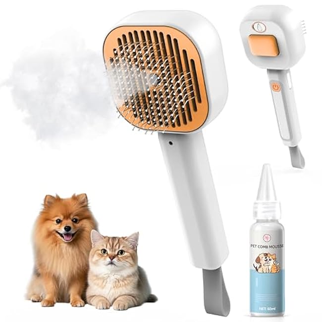 3 in 1 Cat Brush - Dog Brush, Steam for Shedding & Grooming, Indoor & Outdoor Shedding Spritz Comb for Long & Short Hair Cats & Dogs, Cat Steam Brush - Includes Waterless Shampoo, Orange-VlXeGAxU