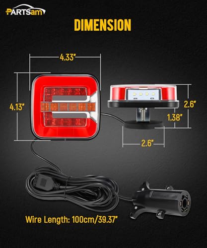 Image of Partsam Square LED Magnetic Towing Tail Light Trailer Light Kit Universal Stop Turn Signal Running Light Red+Clear Lens w / 7-Pin Plug Extension Wire for Trucks Trailers 12-24V