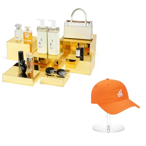 1 Pack 8" Clear Acrylic Hat Display Stand and 6 Pcs Gold Acrylic Risers Display Cube Box
