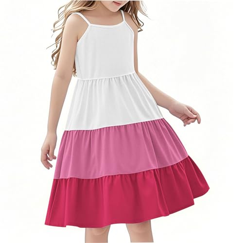 Girl's Summer Boho Dresses Fashion Color Block Spaghetti Strap Dresses Kids Sleeveless Vacation Tiered Flowy Dress