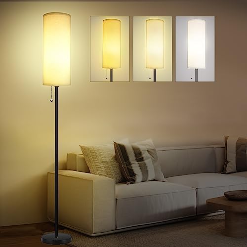 FUNNYBEHOM Floor Lamp, 3 Color Temperature Floor Lamps for Living Room, LED Modern Standing Lamps with Linen Shade, Tall Floor Lamp for Bedroom, Living Room, Office, Reading, Black, (LED Bulb Included)