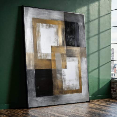 Tableau abstrait géométrique carrés or et noir 70x100 cm avec cadre