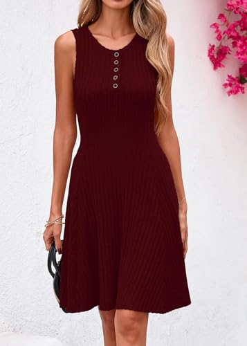 Lazysmile Summer Sleeveless Dresses for Women Crewneck Button Down Ribbed Knit A Line Casual Short Dress Wine Red — view 3