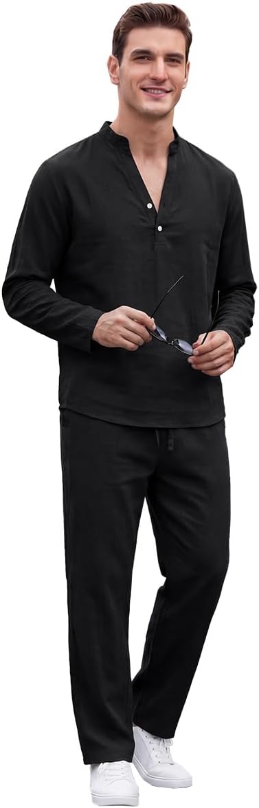 Men's 2 Pieces Cotton Linen Outfit Summer Beach Long Sleeve Henley Shirts and Loose Pants Sets