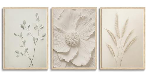 CHMMART 3 Piece Neutral Botanical Framed Wall Art Beige Floral