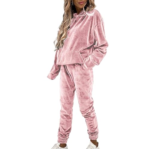 amropi Chándal de Mujer Sudadera con Capucha y Pantalones Terciopelo Conjunto de Ropa Rosa, M