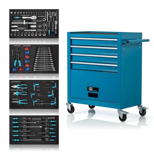 NTG Chariot d'atelier avec Outils 70 pièces - 4 tiroirs + Grand Compartiment - tiroirs sur roulements à Billes - sécurité de Transport - 2 roulettes avec Frein de stationnement - Chariot à Outils