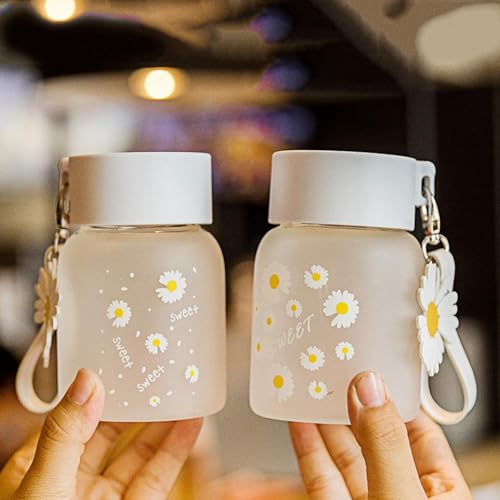 Cute Daisy Flower Glass Water Bottle with Lid & Keychain, 350 ML, Set Of 2, Frosted Juice Bottle For Coffee, Milk, Smoothies, Hot & Cold Drinks, Ideal For Women, Girls & Teens, Portable Mini Bottle