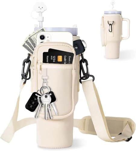 MJK Essentials Water Bottle Carrier Bag for Stanley 40/30oz Tumbler Neoprene Holder with Phone Pocket Adjustable Strap Key Hook Bonus Straw Covers & Carabiner for Hiking & Outdoor Activities