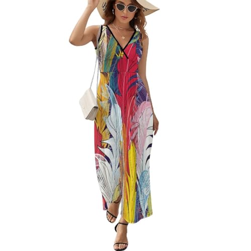 Robe d'été sans manches Plumes de Couleur coupe fluide et évasée