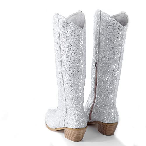 Image of Women's Embroidered Western Cowboy Mid-Calf Boots - Rider Boots - Mid-Height Boots Above Knee with Diamond Inlays