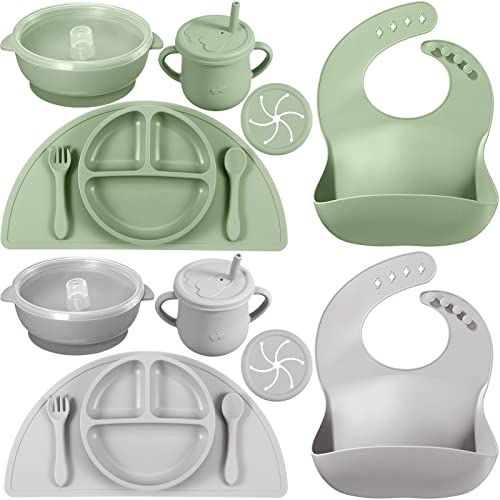 Image of 16 Pack Baby Feeding Supplies Set, Silicone Baby Led Weaning Suction Plates and Bowls Silicone Bibs Anti Slip Placemat Baby Spoons Forks Snack Cups, Toddler Eating Utensil Set (Green, Light Gray)