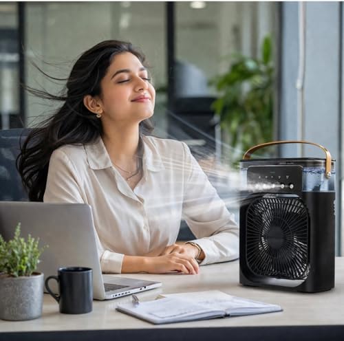 Image of Portable Air Cooler with Mist Function, 7 Colour LED Lights, Compact Desktop Fan with Carry Handle, Grey
