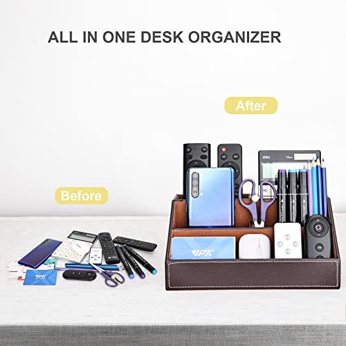 KINGFOM-Pu-Leather-Desk-Organizer-with-5-Compartments-Holder-Multi-Functional-Office-Supplies-Storage-Caddy-for-PenPencil-Phones-Remote-Controller-and-Desktop-Accessorie-Brown