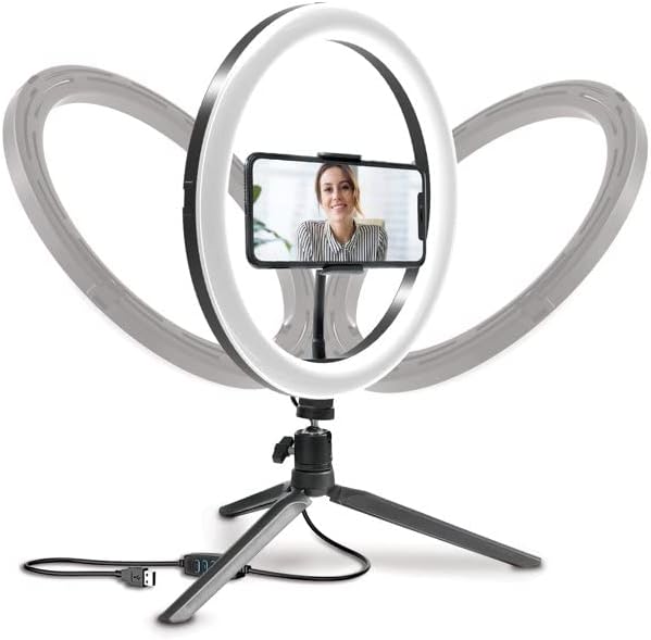 Miniatura 3 de Bower Anillo de luz LED de mesa de 10 pulgadas y soporte de trípode ajustable con soporte para teléfono inteligente, 3 modos de luz y 10 niveles de