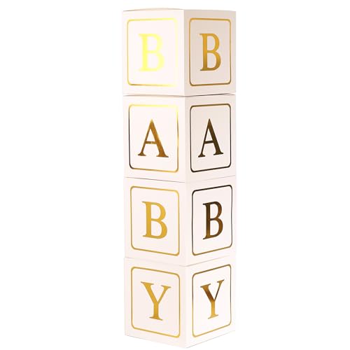 BABY Balloons Box with 4 PCS White Balloon Boxes and Golden Letters for Baby Shower Birthday Party Gender Reveal Decorations.