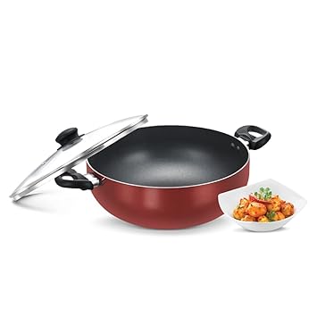 Prestige OMG DLX Induction Base Non-Stick Aluminium Deep Kadhai, 28cm, Red