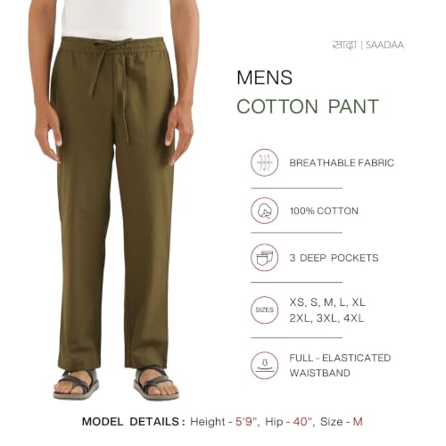 Image of SAADAA Men's 100% Cotton Pants | Mid-Rise Straight Fit Casual Trousers with Elastic Waistband and 3 Pockets | Everyday Wear