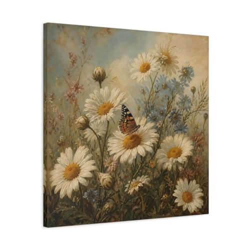 Tableau nature marguerites et papillon blanc et vert pour grand mur