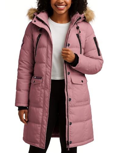 CANADA WEATHER GEAR Womens Long Puffer Coat - Heavyweight Wind Water Resistant Faux Fur Hood Parka Winter Jackets for Women, Size Medium, Pink Haze