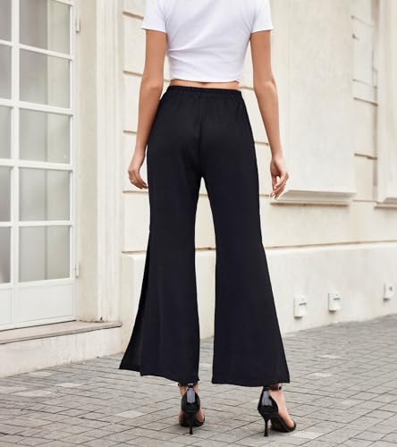 SDEER Women's Chiffon Wide Leg Pants Side Slit Casual Loose Fit High Waisted Pure Color Long Pants Trousers with Pockets3