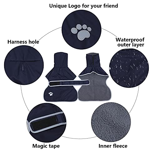 Geyecete Hunde Wintermäntel fur Windhund,Hundejacken mit plüschfutter,Wasserdichter Regenmantel Winddicht, Outdoor-Hundebekleidung mit Sicheren Reflexstreifen,fur mittel und große Hunde-Navy Blau-XS