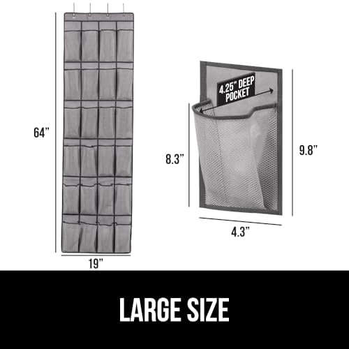 GORILLA GRIP Over the Door Shoe Organizer, 24 Large Breathable Mesh Pockets, Space Saving Hanging Storage Holder, Closet Rack Hanger Holds Up to 40 lbs, Hangs on Closets for Shoes, Accessories, Gray