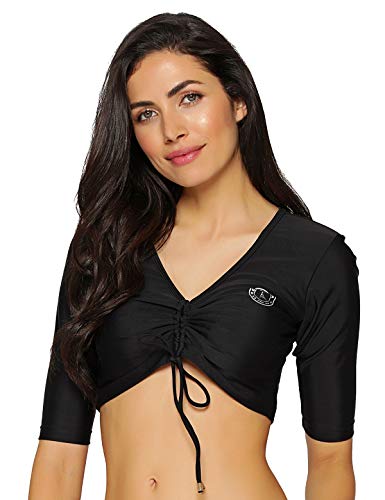 RELLECIGA Women's Black Rashguard Short Half Sleeve Drawstring Crop Top Bikini Top Size Small