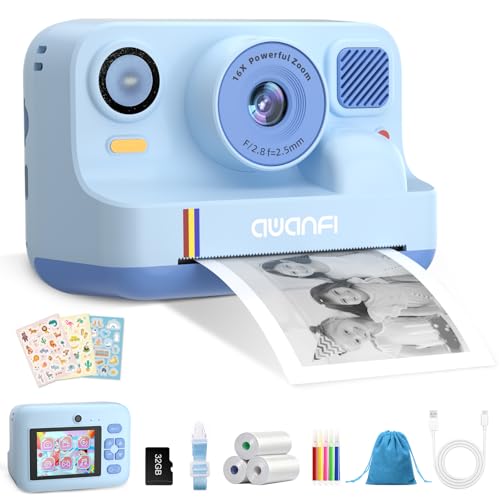 Appareil Photo Instantané Enfant Cadeau Jouet Fille Garçon 3-12 Ans, AWANFI Caméra Numérique Vidéo 1080P Carte 32GB avec 3 Rouleaux de Papier et...