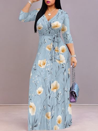 Image of Women's V Neck Floral Maxi Dress 3 /4 Sleeve Plus Size Boho Wrap Flowy Long Dresses with Belt