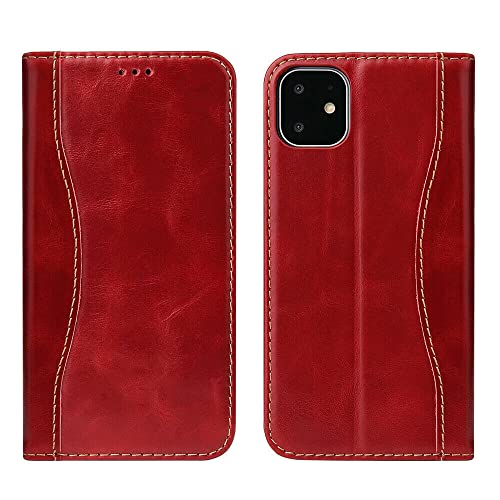 Étui portefeuille pour iPhone 15 Pro Max rouge à rabat en cuir véritable