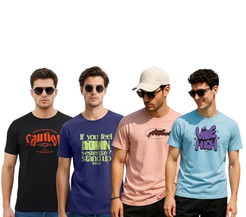 Image of Cotton Blend Regular Fit Half Sleeve Printed Round Neck Multicolor Drop Shoulder T-Shirt for Mens & Boys (Pack of 4)