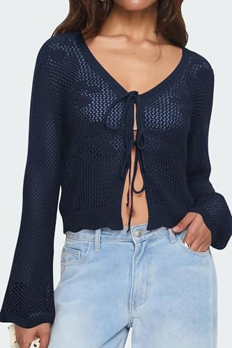 Image of Balimtoy Women Tie Front Cardigan Crochet Sweater Crop Tops Cute Bell Long Sleeve Knit Shrug Beach Vacation Cover Up