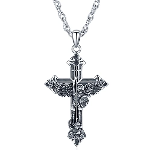 Collar Hombre Arcángel Miguel Colgante Crucifijo de plata de ley 925 San Miguel Joyería Amuleto Religiosas, Hombre Mujer Cadenas de Acero Inoxidable Regalos Festivos Cover