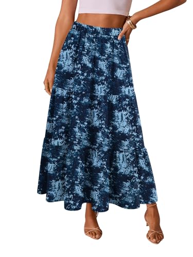 Magritta Womens Maxi Summer Casual Daily Wear Skirt Elastic High Waist Tiered A-Line Flowy Boho Indigo Tie-Dye Print Small — view 2