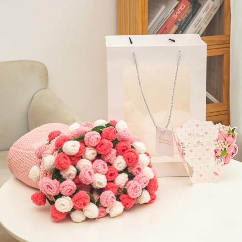Crochet Flower Bouquet Blanket with Gift Bag & Custom Card Handmade Knitted Throw Blanket for Mothers Day Valentines Day Anniversary Soft Crochet Floral Blanket for Home Decor