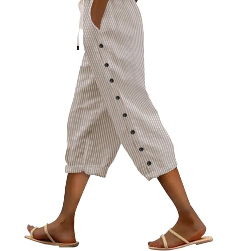 Striped Pants Women Linen Capris for Women Summer Wide Leg Loose Drawstring Elastic Waist Trouser
