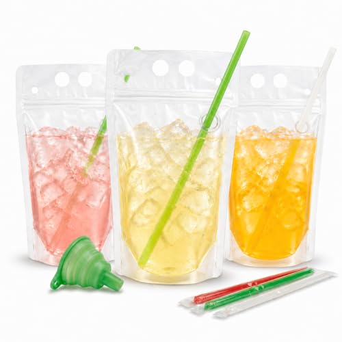 100PCS Drink Pouches with Side Straw Port 17oz Drink Bags with Straws