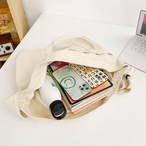 Image of Cotton Tote Handbag Women Canvas Crossbody Beach Bag Hobo Shoulder Tote Bag with 3 External Pocket,Zipper Closure